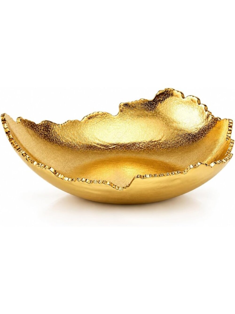 12-Inch Antique Gold Hammered Metal Centerpiece Bowl with Leaf Edges - Modern